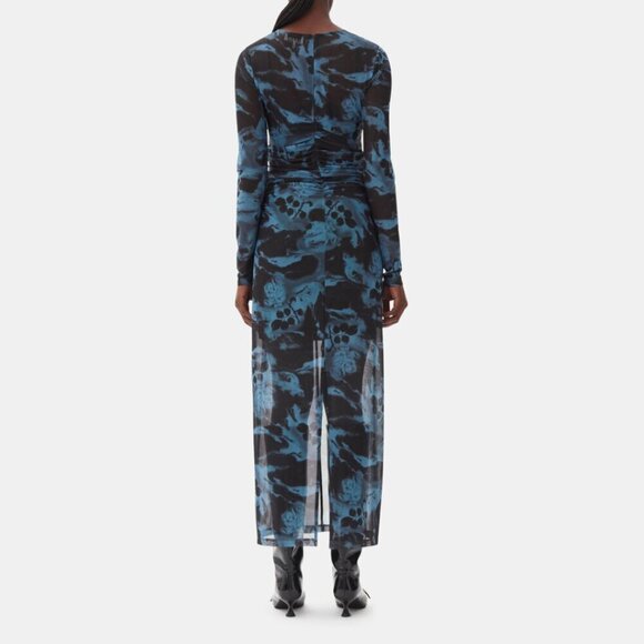GANNI Blue Printed Mesh O-neck Ruched Long Dress Floral Size 36 - Picture 2 of 14